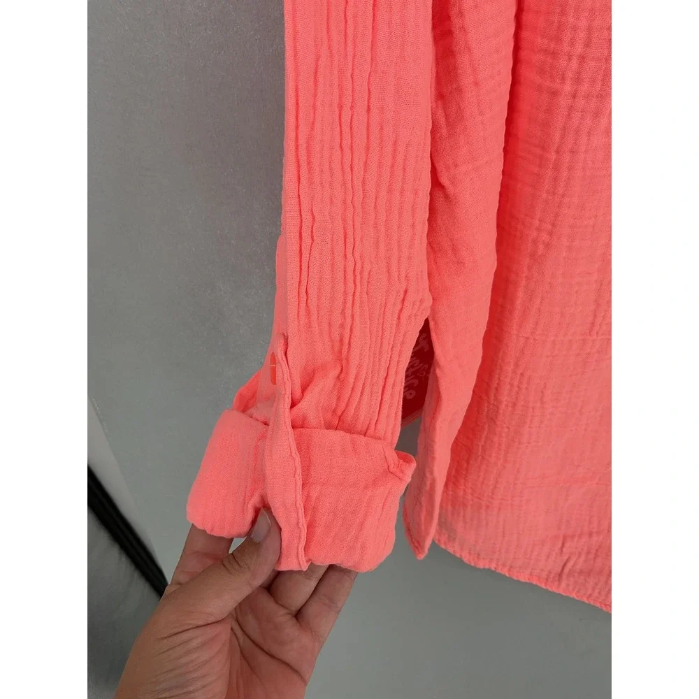 Justice Girls Beach Shirt Coral Cotton Gauze Roll Tab Button Up Size L 12/14